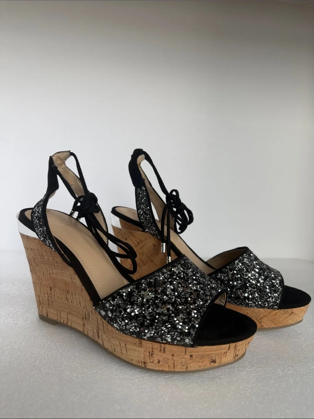 Guess Black Glitter Cork Wedge Sandals with Ankle Tie